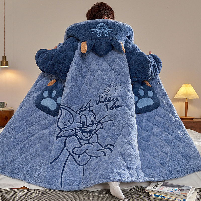 男士睡袍冬季加绒加厚三层夹棉袄珊瑚绒2025新款青少年家居服套装