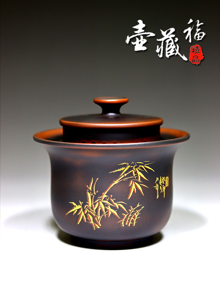 壶藏福新款盖碗钦州坭兴陶茶壶茶具家用茶碗手抓壶全手工制作紫泥