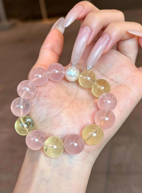 【莫奈花园】天然14mm大咪数粉晶柠檬晶手链天然水晶手串女高级感