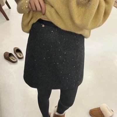 亮片毛呢半身裙黑色包臀短裙