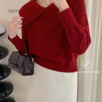 2025秋冬新款韩系减龄不规则设计感翻领套头针织衫毛衣女打底