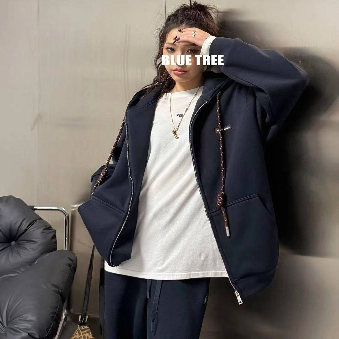 Bluetree刺绣拉链开衫女2025冬季新款宽松休闲连帽卫衣休闲外套