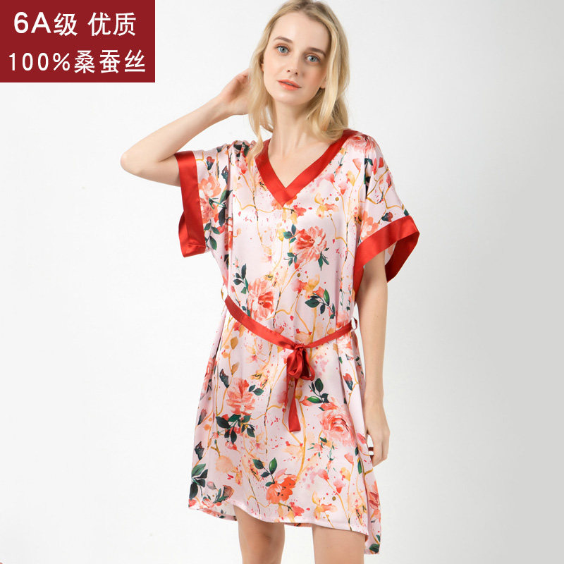 新款100%桑蚕丝睡衣薄款精美印花短袖丝滑真丝睡裙女夏贵妇家居服