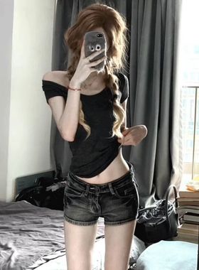 黑灰色低腰牛仔超短裤女辣妹包臀性感热裤复古水洗纯欲风短裤子潮