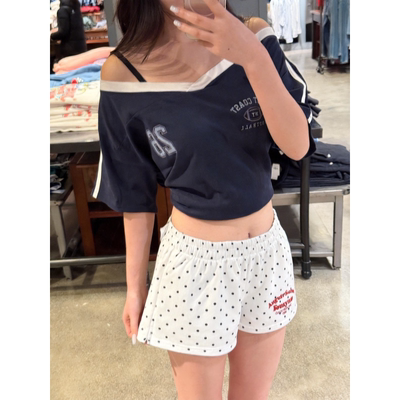 松紧腰白色波点运动短裤女宽松百搭a字阔腿休闲外穿辣妹三分热裤