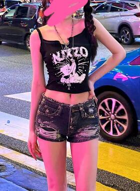 y2k辣妹低腰水洗牛仔复古超短裤女磨破亚文化美式修身显瘦热裤子