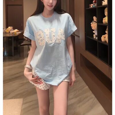 学院风减龄百搭休闲运动套装女夏季刺绣短袖T恤波点短裤两件套潮