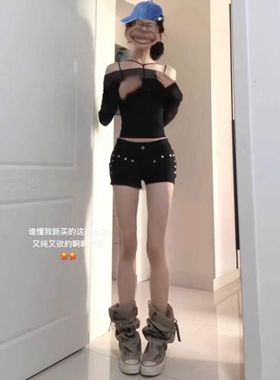黑色低腰牛仔超短裤女y2k轻亚文化热裤弹力美式辣妹包臀休闲热裤