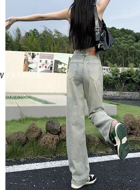 浅色直筒ins牛仔裤女新款宽松高腰辣妹百搭做旧秋冬显瘦地阔腿裤