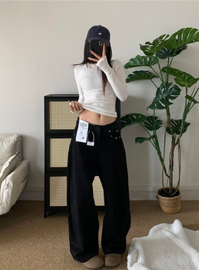 美式复古黑色牛仔裤女高腰阔腿宽松直筒铆钉设计新款显瘦拖地长裤