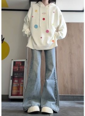 浅蓝色微喇叭牛仔裤女春秋新款小个子拖地显瘦直筒韩版宽松阔腿裤