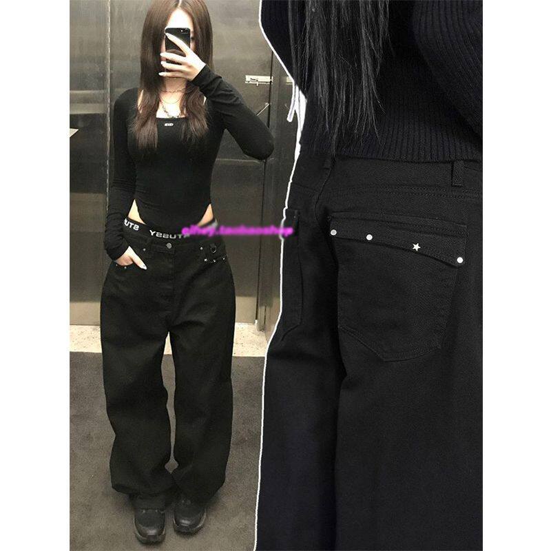 复古暗黑星星铆钉设计中性直筒裤女辣妹阔腿裤牛仔裤新款宽松长裤