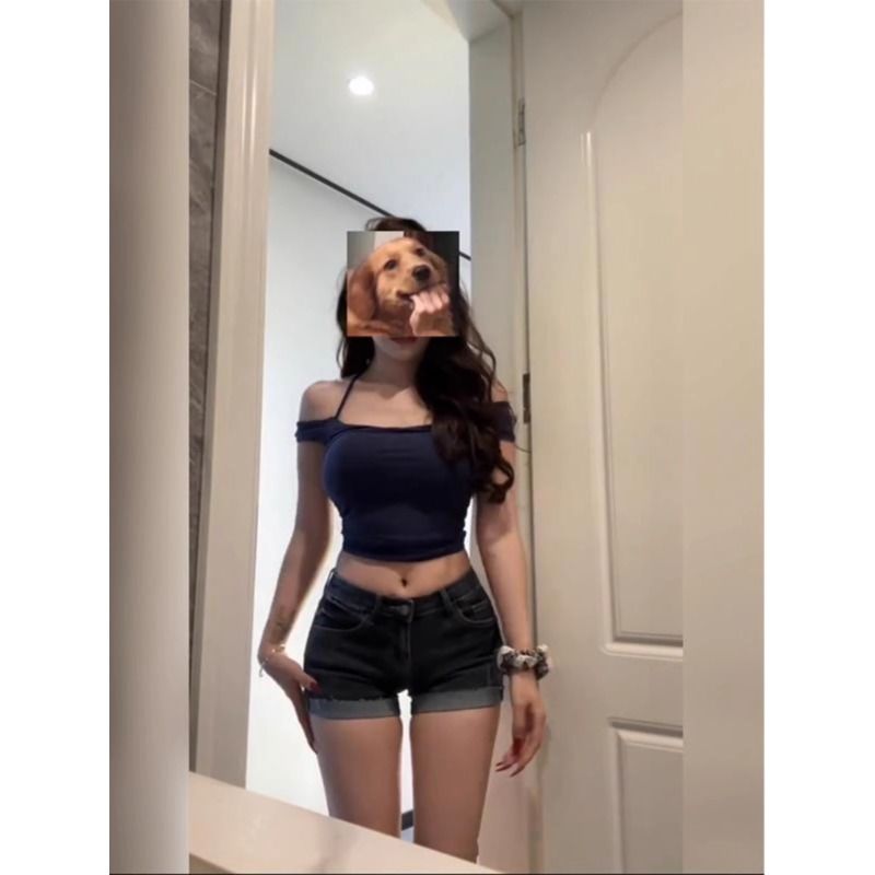 辣妹美式复古低腰牛仔短裤ins紧身显瘦热裤千禧卷边亚文化超短裤