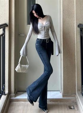 蓝灰色复古微喇牛仔裤女弹力百搭修身拖地高街新款阔腿韩版喇叭裤