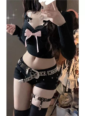 辣妹紧身包臀牛仔短裤女y2k黑色热裤亚文化性感低腰弹力超短裤子