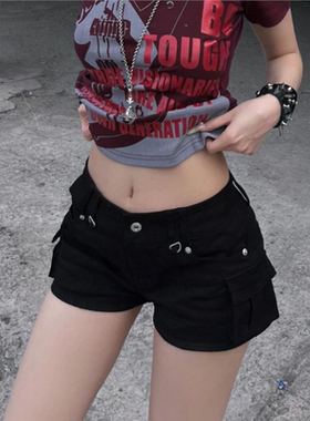 美式辣妹低腰黑色牛仔短裤女街头显瘦百搭a字辣妹弹力设计感热裤