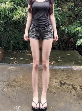 大码美式辣妹水洗黑灰色牛仔超短裤女复古设计感做旧紧身包臀热裤