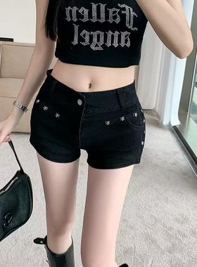黑色牛仔短裤女y2k复古铆钉设计辣妹低腰弹力亚文化新款紧身热裤