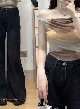 ins复古黑灰色毛边阔腿拖地牛仔裤女高腰宽松显瘦百搭拖地裤秋冬