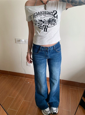 深蓝色低腰微喇牛仔裤女爆款竹节设计ins风修身显瘦不贴腿阔腿裤