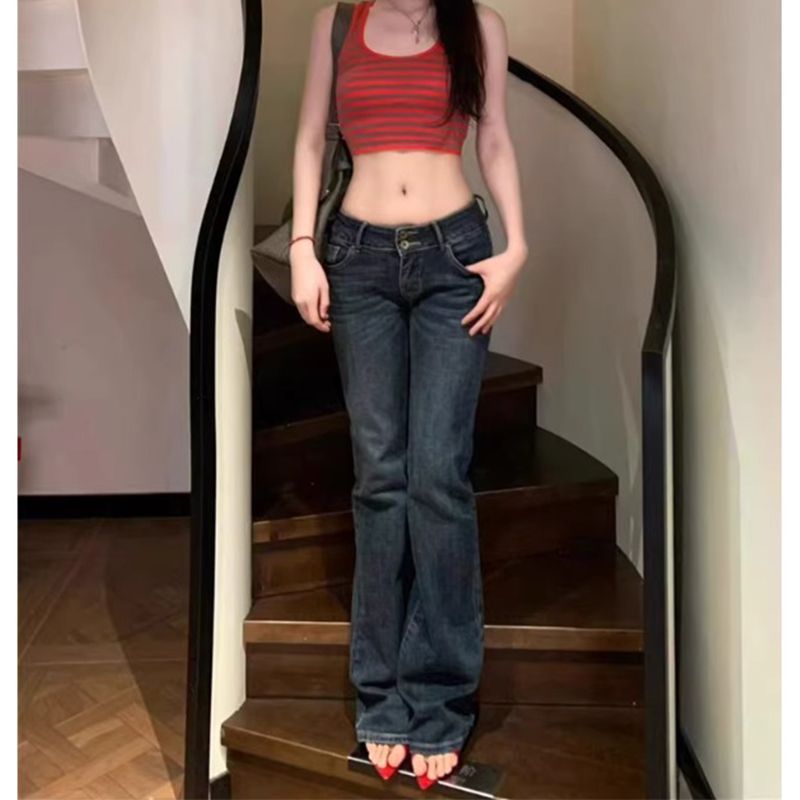 美式复古微喇低腰牛仔裤女设计修身显瘦弹力紧身辣妹拖地马蹄裤子