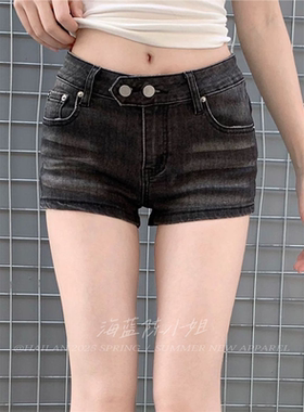 低腰韩版复古黑灰色牛仔短裤女新款包臀紧身显瘦弹力显高辣妹热裤