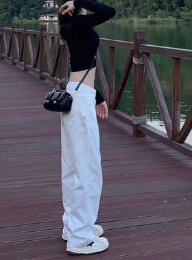 白色牛仔裤女宽松韩版阔腿新款显瘦休闲百搭外穿胖妹妹穿搭直筒裤