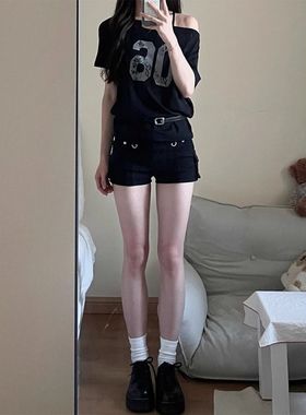 黑色低腰牛仔超短裤新款小个子热裤美式弹力a字显瘦辣妹包臀裤子