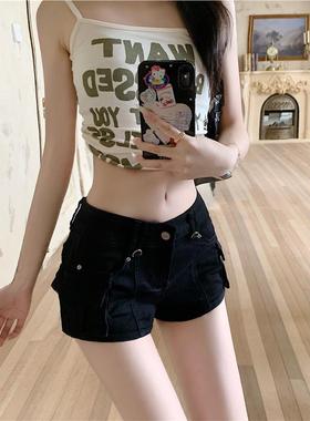 辣妹风黑色低腰牛仔裤短裤女装性感别致修身弹力包臀千禧直筒热裤