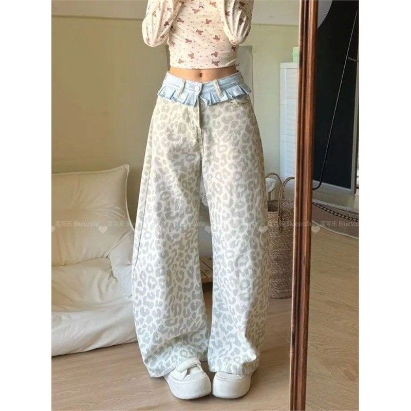 大码复古小裙摆拼接休闲裤女新款撞色豹纹宽松设计感辣妹阔腿长裤,女装/女士精品,牛仔裤,淘宝优惠券,粉丝福利购,淘宝优惠卷