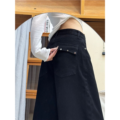 大码美式高街口袋设计黑色拖地牛仔裤女新款宽松显瘦百搭直筒长裤
