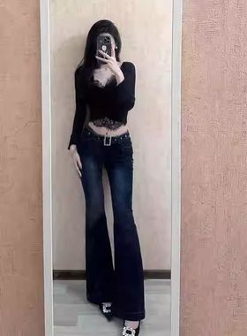 辣妹蓝灰色微喇牛仔裤女中腰显瘦弹力百搭阔腿喇叭秋冬韩版拖地裤