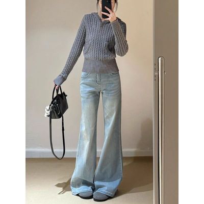 复古浅色低腰微喇牛仔裤女新款宽松阔腿显瘦垂感直筒秋季喇叭裤子