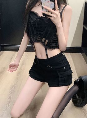 辣妹短裤黑色设计显瘦牛仔低腰热裤直筒美式复古新款紧身弹力裤子