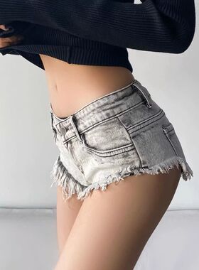 美式低腰辣妹新款牛仔短裤女毛边设计灰色y2k性感显瘦超短热裤潮