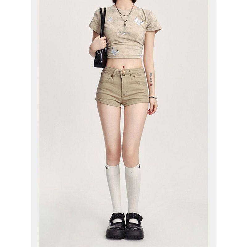 卡其色牛仔短裤女外穿显瘦性感辣妹包臀裤子弹力休闲超短a字热裤