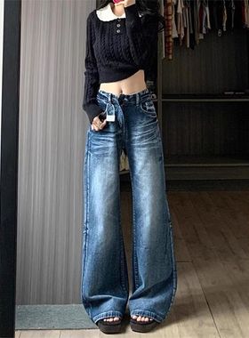 复古蓝色宽松直筒水洗牛仔裤女新款胖妹妹高腰修身拖地喇叭长裤子