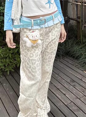高腰复古豹纹裙摆设计感拼接宽松牛仔裤女直筒新款显瘦拖地阔腿裤