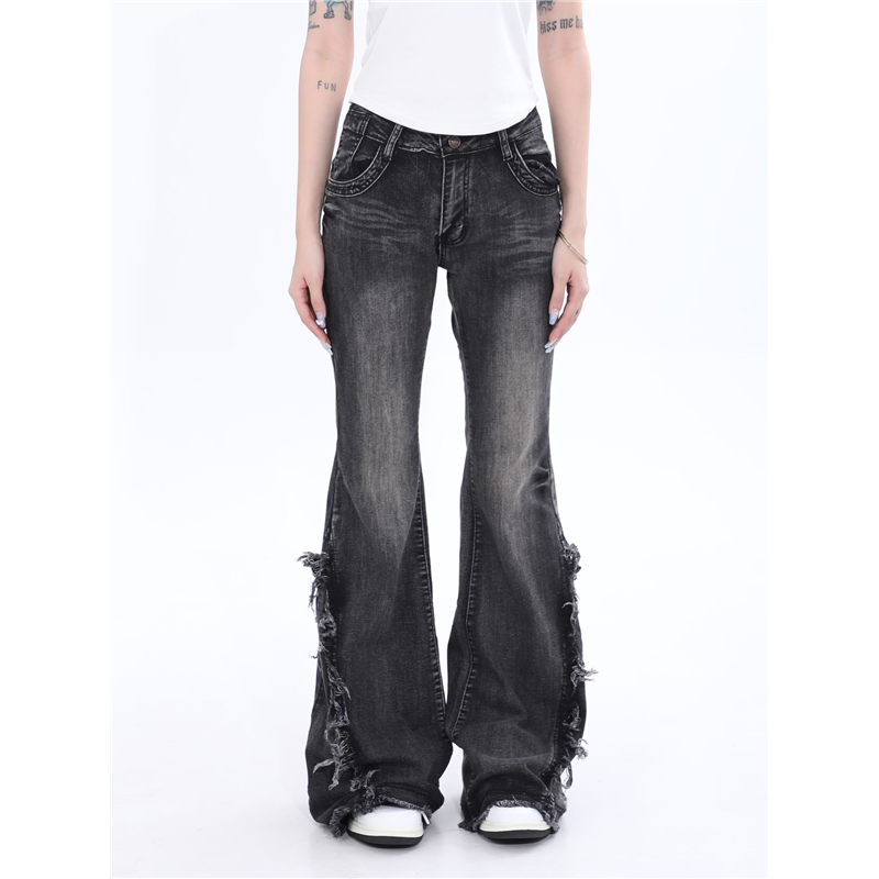 设计高腰牛仔裤女辣妹水洗须边紧身弹力秋冬显瘦百搭灰色喇叭裤潮