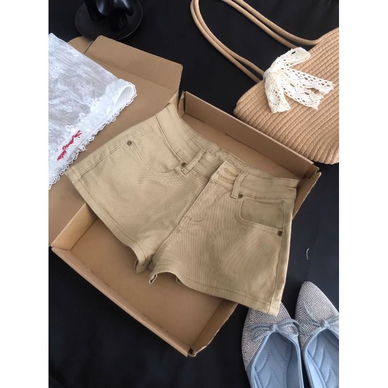 美式复古卡其牛仔短裤女辣妹性感超短裤弹力修身紧身直筒显瘦热裤