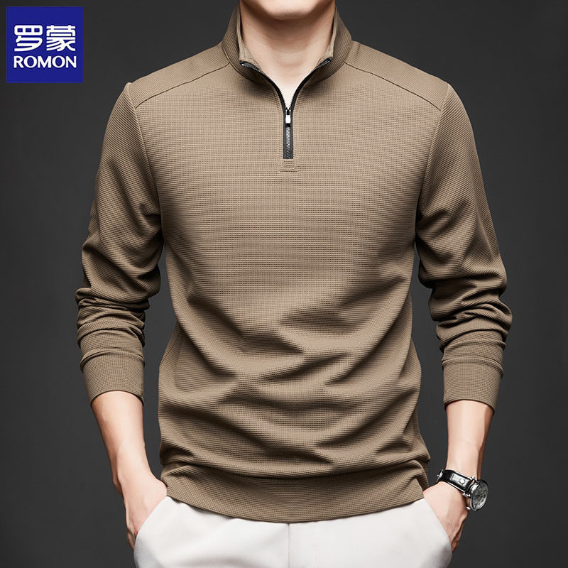 罗蒙高端春秋季立领薄款长袖T恤男POLO杉新款中年半拉链卫衣男士