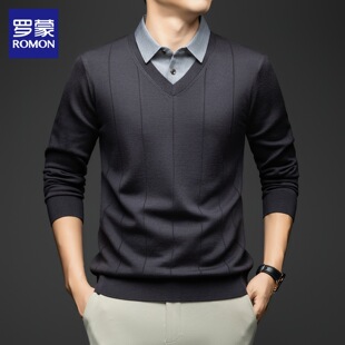 罗蒙100%绵羊毛针织衫男士秋冬季高端商务休闲内搭假两件毛衣男款