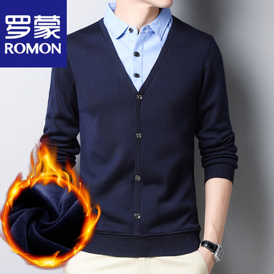 罗蒙加绒加厚衬衫领毛衣男士长袖T恤纯色套头假两件针织打底衫男
