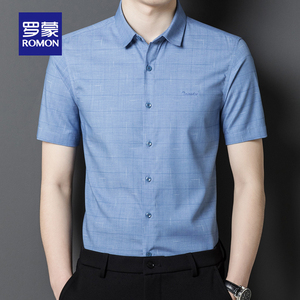 ROMON/罗蒙夏季短袖衬衫男商务休闲翻领衬衣中年男士宽松上衣服潮