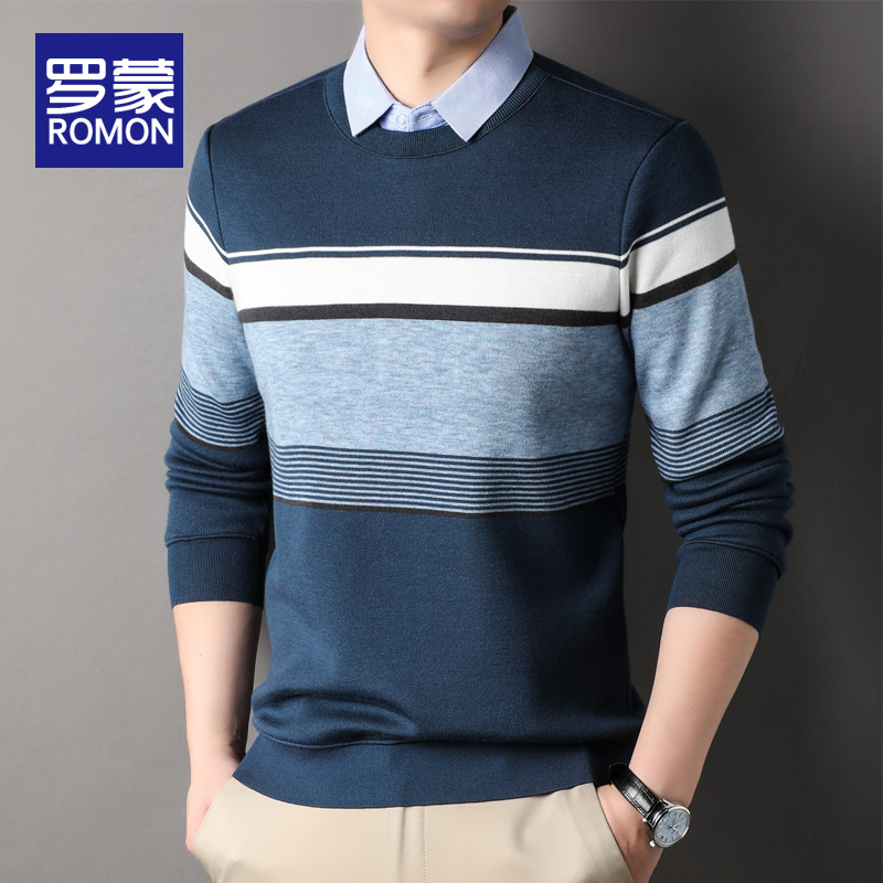 罗蒙假两件毛衣男士秋冬季2025新款衬衫领条纹线衣休闲打底针织衫