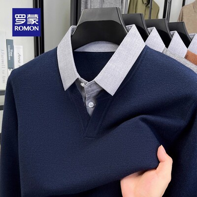 罗蒙男士时尚衬衫领假两件针织衫春季新款商务百搭休闲长袖毛衣男