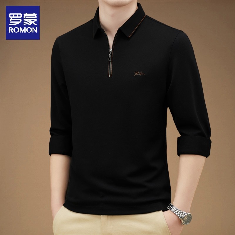 罗蒙羊绒长袖t恤男士2026年春季新款半拉链打底上衣休闲Polo衫男