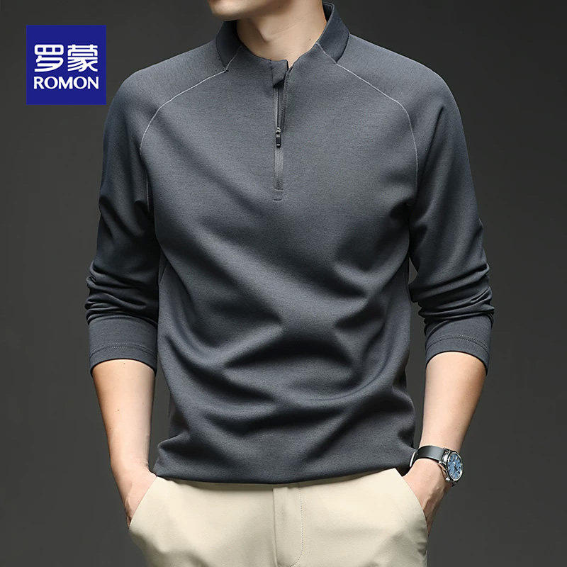 罗蒙男士时尚拉链立领长袖T恤2026春季新款休闲简约纯色百搭卫衣