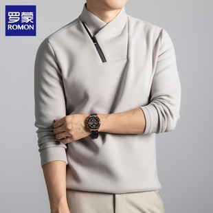 罗蒙山羊绒长袖t恤男士春季纯色立领打底上衣休闲桑蚕丝卫衣男款