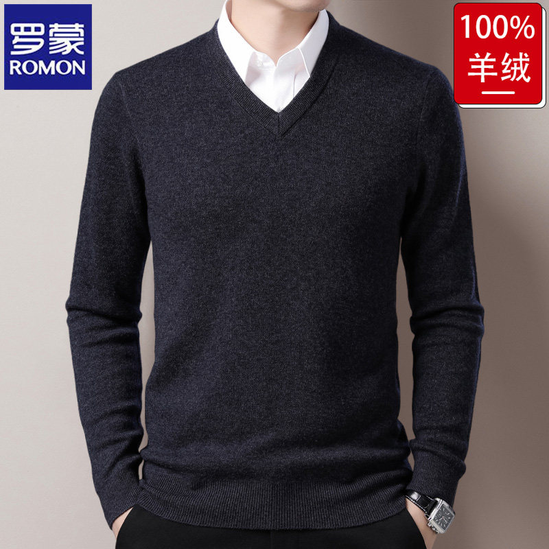 罗蒙V领加厚羊绒衫100纯羊绒中年男士商务休闲冬季保暖打底针织衫